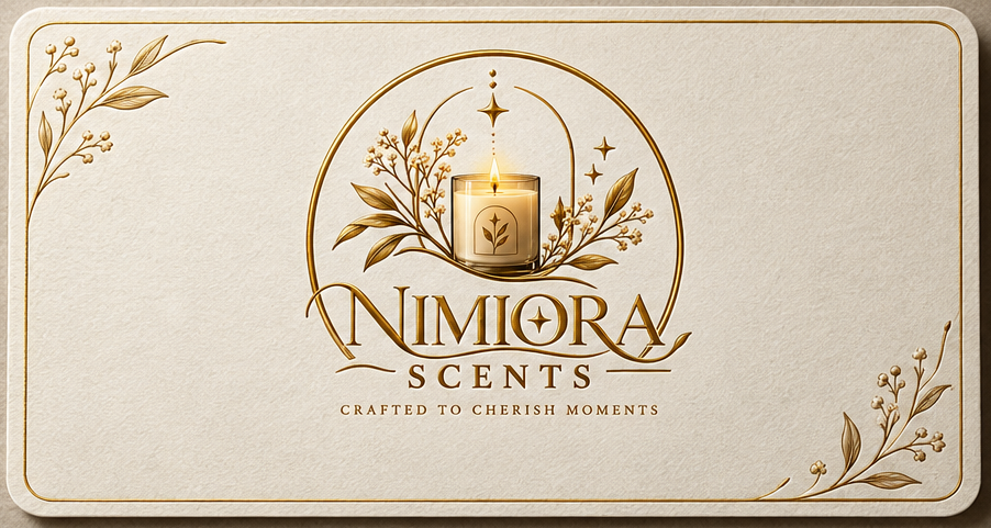 Nimiora Scents brand artwork with a golden candle and botanical details